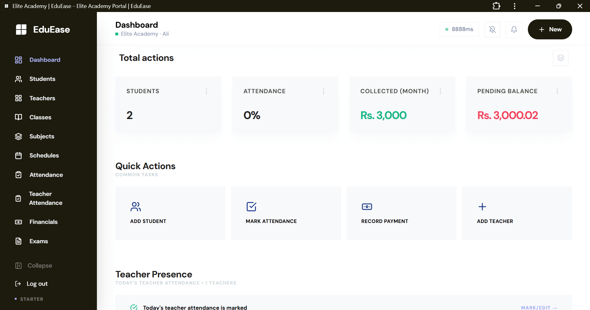 EduEase admin dashboard on desktop